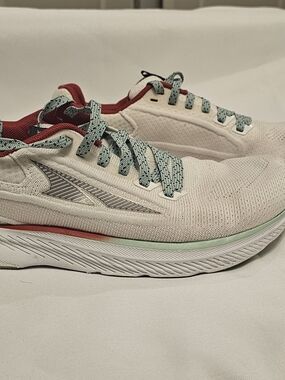 Altra Women's White Athletic Running Shoes with Mint Laces and Red Accents